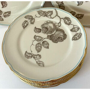 CASTLETON (USA) Gloria 1 Salad Plate Pearl Edge Taupe Roses Blue Line 1940s VTG
